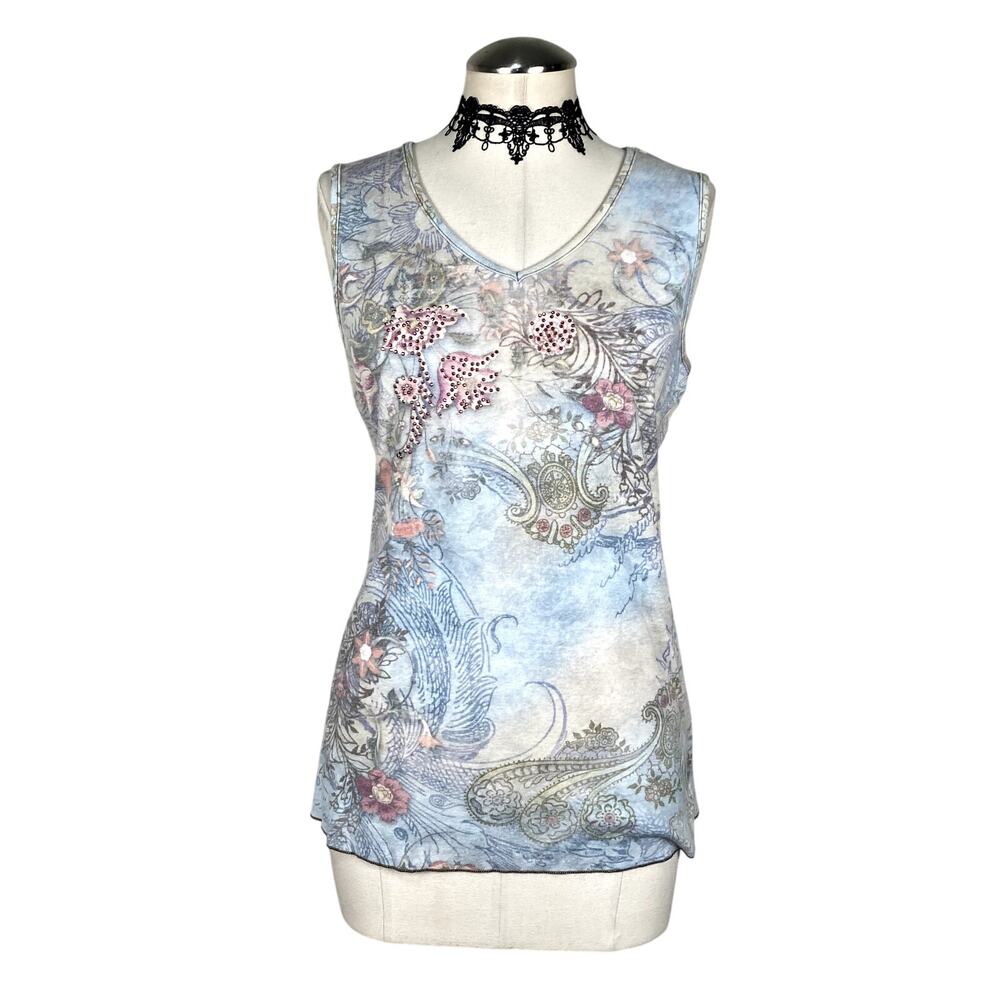 Vtg Xcit Usa Rhinestone Floral Whimsygoth Grunge Pastel Goth Boho Tank Top Sz L
